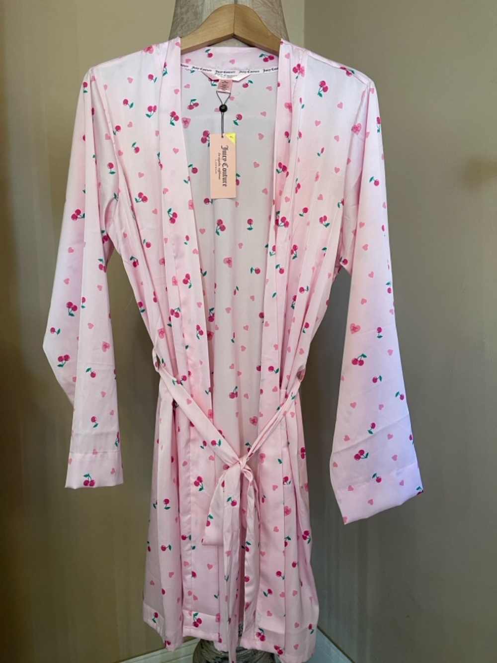 Juicy Couture Pink Cherry Print Satin Wrap Robe